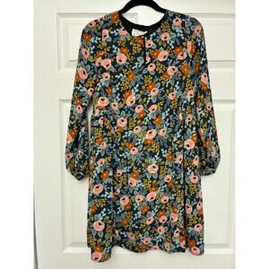 Paper Crown Rifle Paper Co XS Blue Floral Long Sleeve Dress